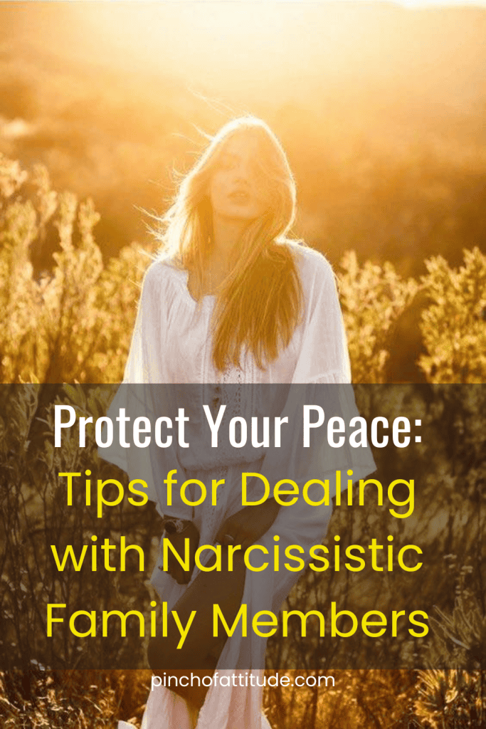 Pinterest - Pin with title "Protect Your Peace: Tips for Dealing with Narcissistic Family Members" showing a woman standing in a field, bathed in golden sunlight, wearing a white dress, with plants and trees in the background.