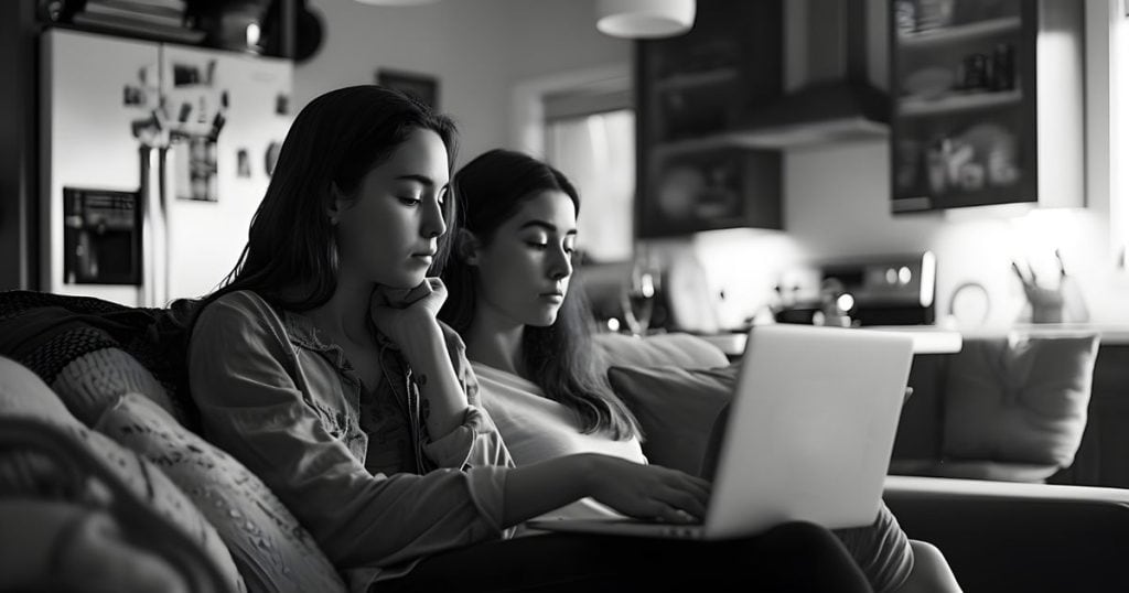 two sisters are keeping things to themselves sitting on the couche in their living room looking serious as they want to cause any more chaos in their narcissistic family dynamic.