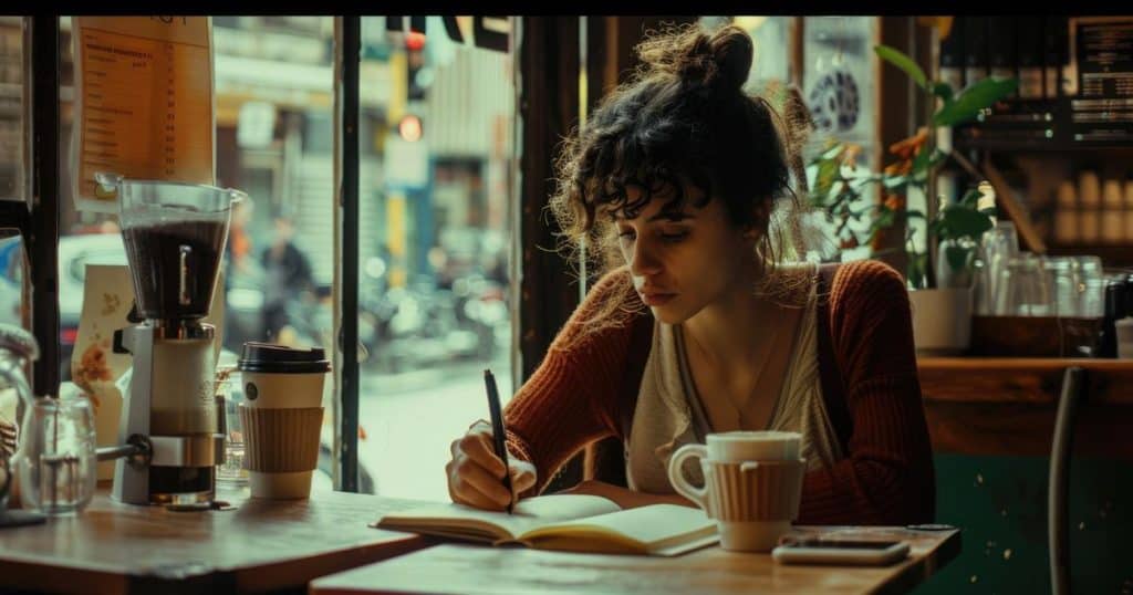 a woman wearing a knitted shirt sitting in a cozy cafe writing down notes looking confident and prepare to deal with her toxic siblings.