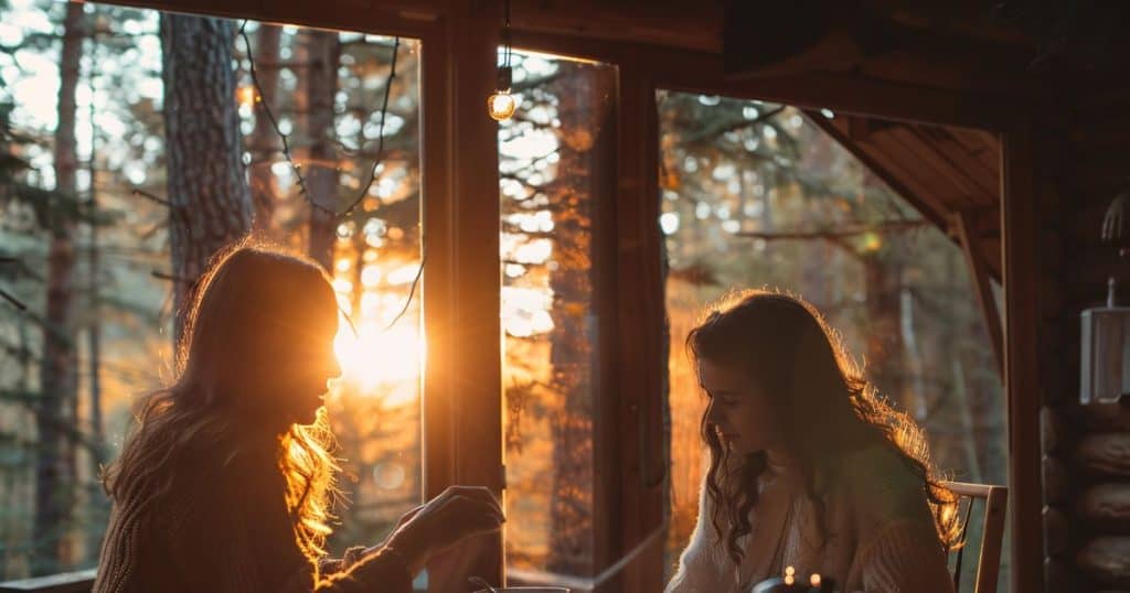 a friend is confiding in her friend while drinking tea in a cozy living room setting looking at the sunset on how to approach her narcissistic parents from controlling her.