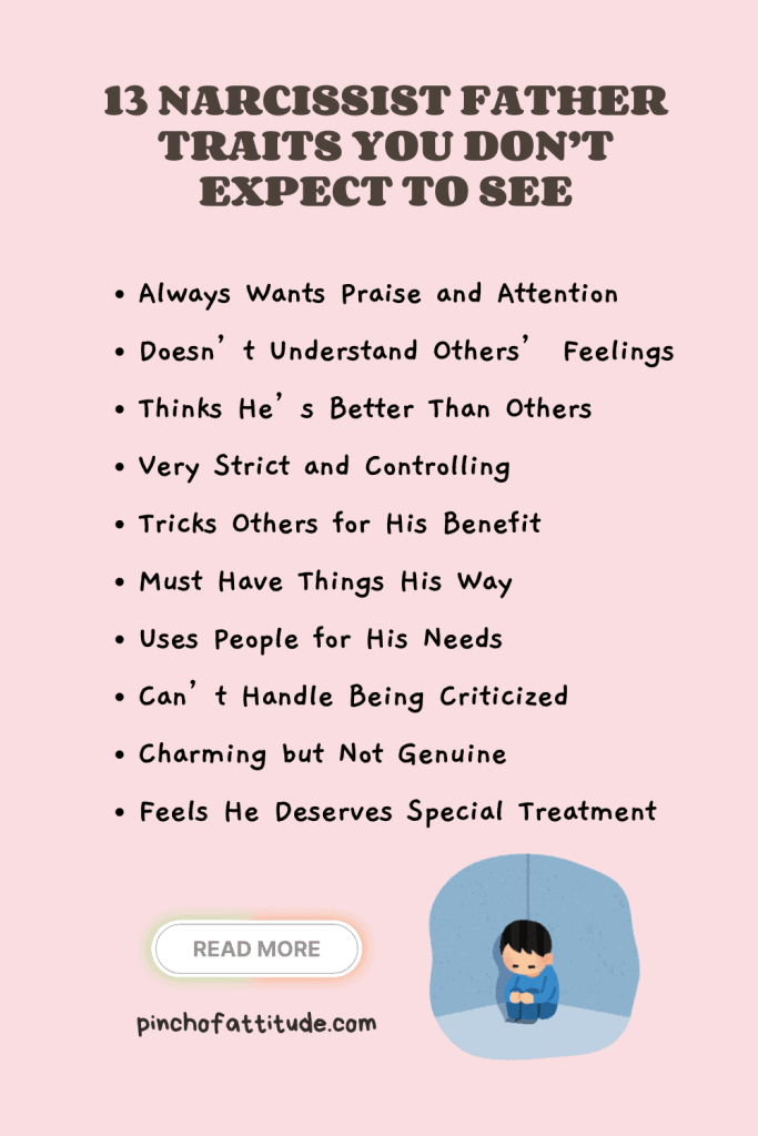 Pinterest - Pin with title "13 Narcissist Father Traits You Don’t Expect to See" featuring a pink background with a list of traits and a small image of a cartoon figure sitting in a corner.