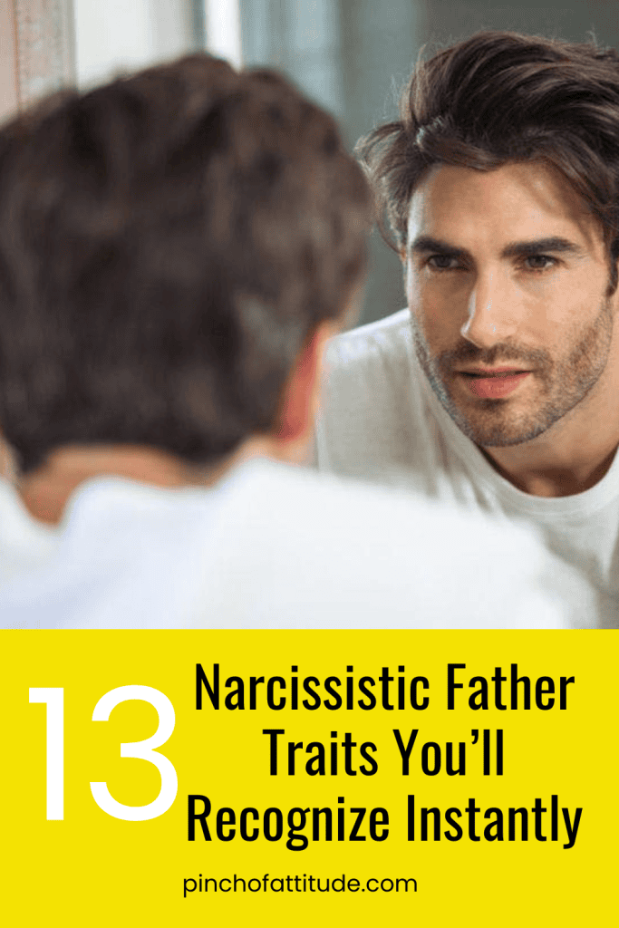 Pinterest - Pin with title "13 Narcissistic Father Traits You’ll Recognize Instantly" showing a man looking at his reflection in a mirror