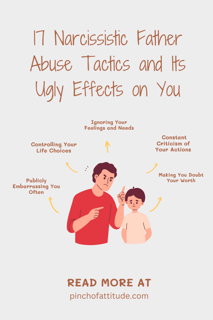 Pinterest - Pin with title "17 Narcissistic Father Abuse Tactics and Its Ugly Effects on You" showing an illustration of an adult male pointing at a sad child, with text pointing to different abusive behaviors.