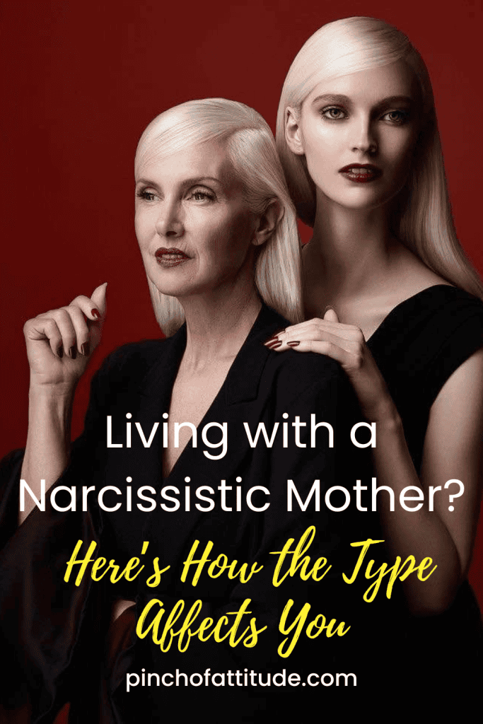 Pinterest - Pin with title "Living with a Narcissistic Mother? Here's How the Type Affects You" showing a sophisticated image of an older and younger woman with similar platinum blonde hair and dark clothing, set against a red background.