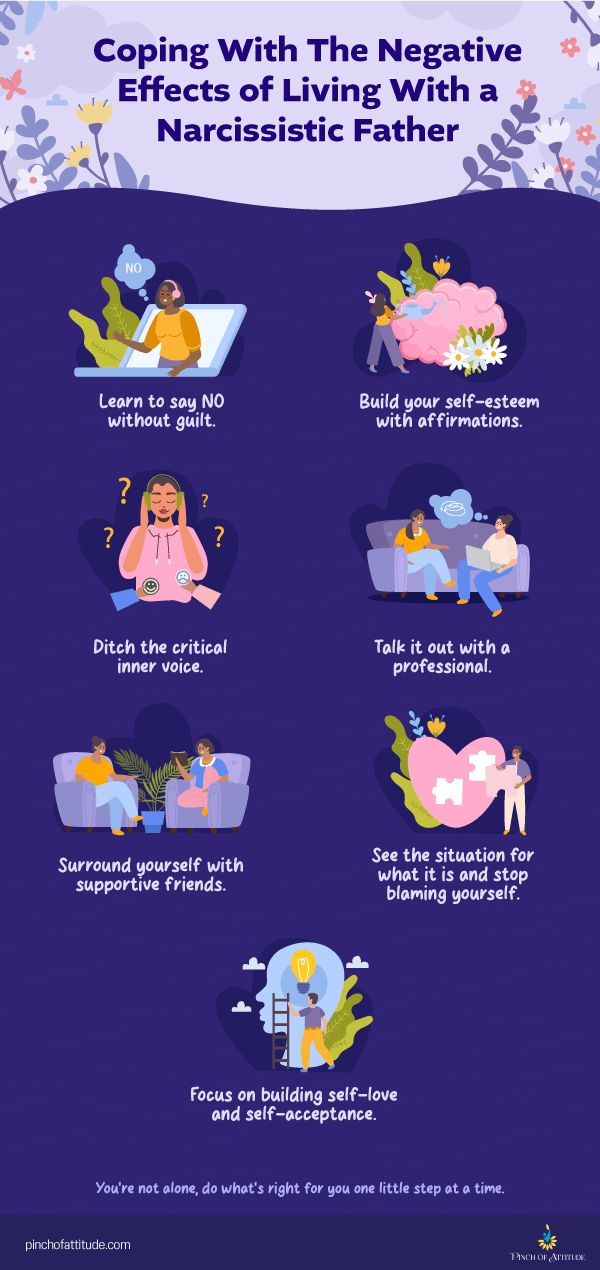 Infographic on the 7 ways to cope with the negative effects of living with a narcissistic father.