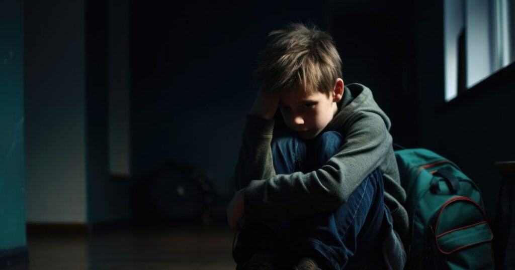 a boy coming to an empty house, sitting alone next his school bag looking sad and lonely as his parents are no where to be found.