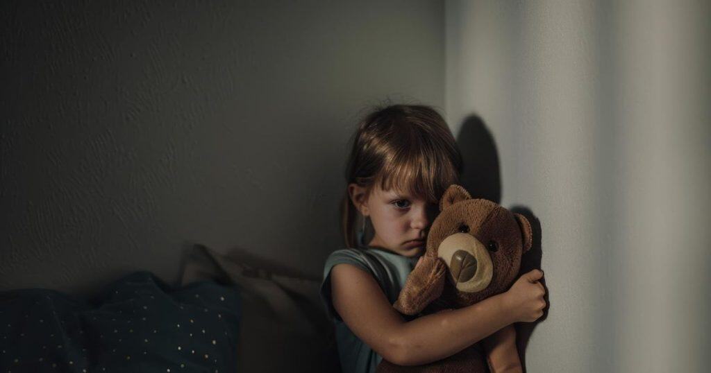 a child hugging her teddy bear sitting alone in the dark corner looking sad as she can't find her parents.