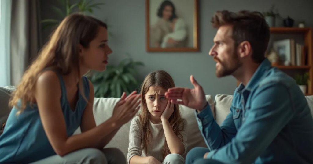 two parents arguing in front of their daughter blaming each other on who take care of their daugther in a living room setting.