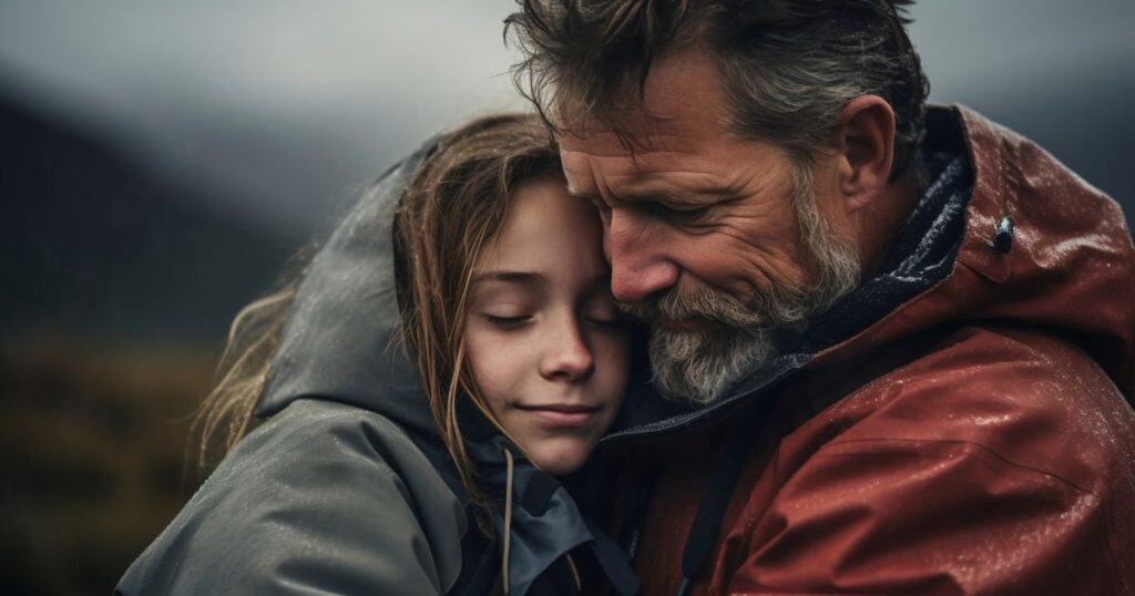 a father is hugging his daughter while outside in the cold. The daughter looks happy and feeling safe with her father besides her.