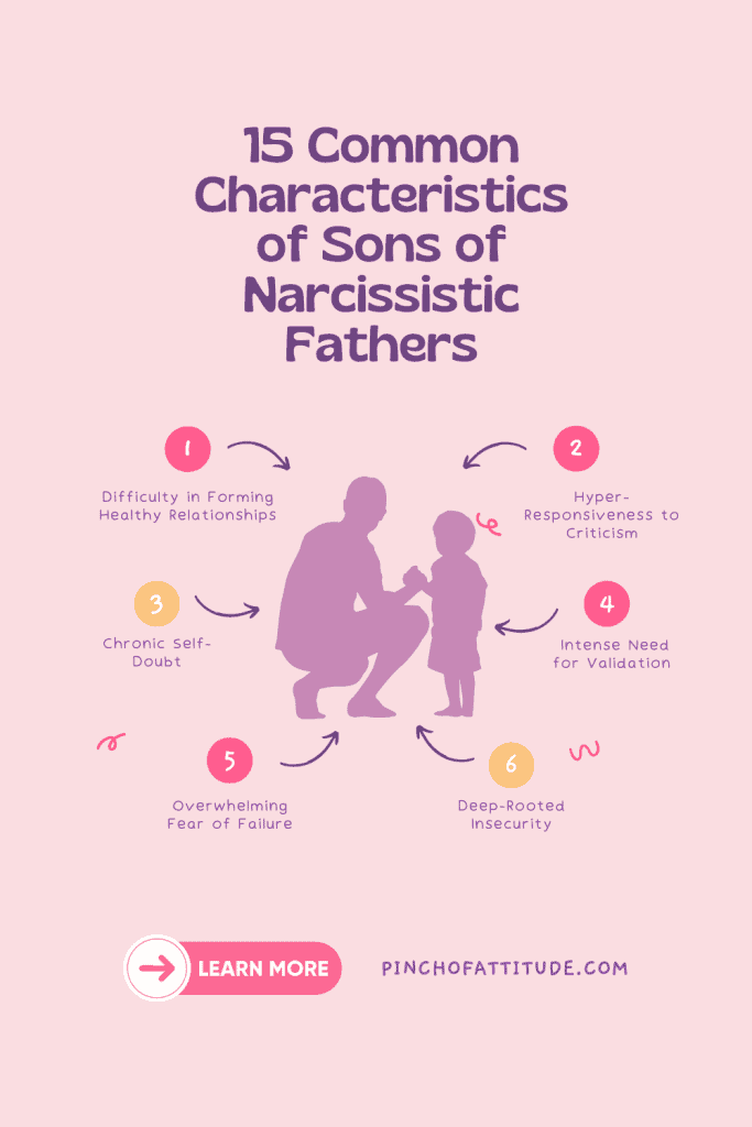 Pinterest - Pin with title "15 Common Characteristics of Sons of Narcissistic Fathers" showing a silhouette of a man and a boy, with six traits listed in a circular format around the image.