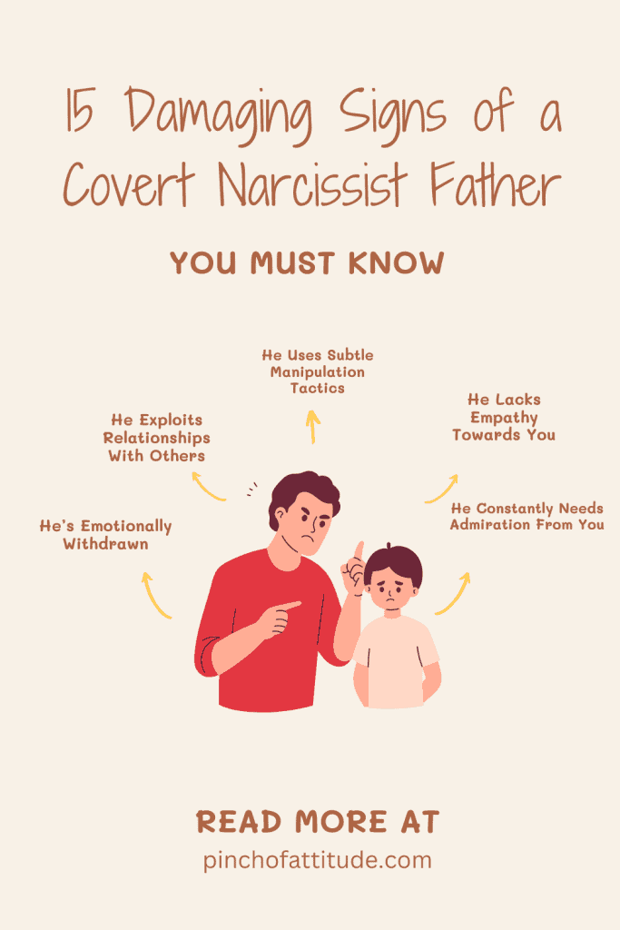 Pinterest - Pin with title "15 Damaging Signs of a Covert Narcissist Father You Must Know" showing an illustration of a father scolding a child with several warning signs listed around the image.