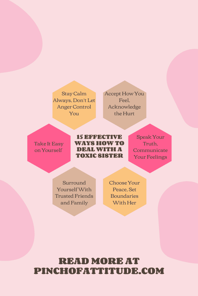 Pinterest - Pin with title "15 Effective Ways How to Deal with a Toxic Sister" featuring hexagonal text boxes listing various strategies, set against a soft pink background.