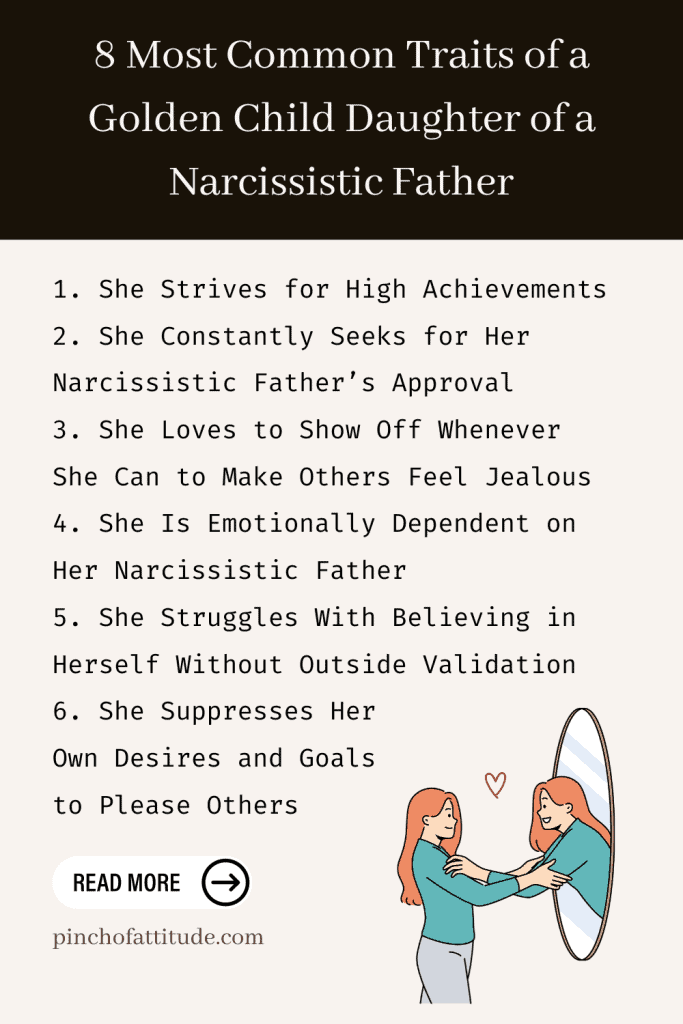 Pinterest - Pin with title "8 Most Common Traits of a Golden Child Daughter of a Narcissistic Father" showing a list of traits with a small illustration of a girl smiling at her reflection in a mirror.