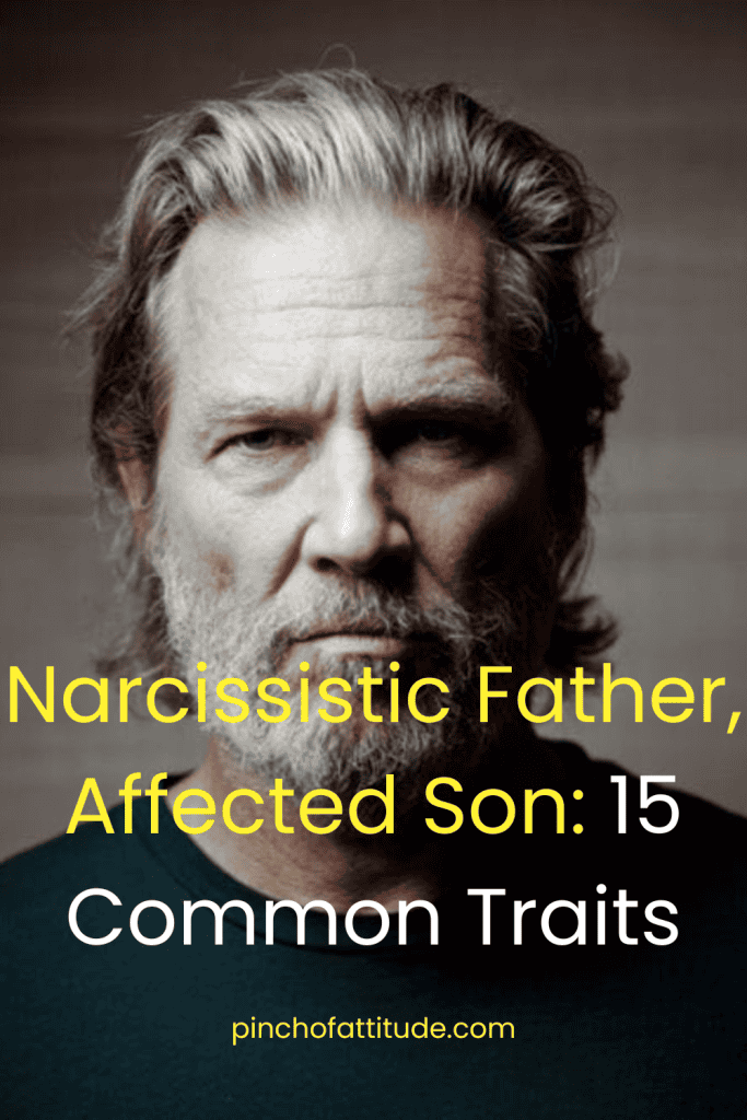 Pinterest - Pin with title "Narcissistic Father, Affected Son: 15 Common Traits" showing a close-up of a serious-looking older man with gray hair and beard.