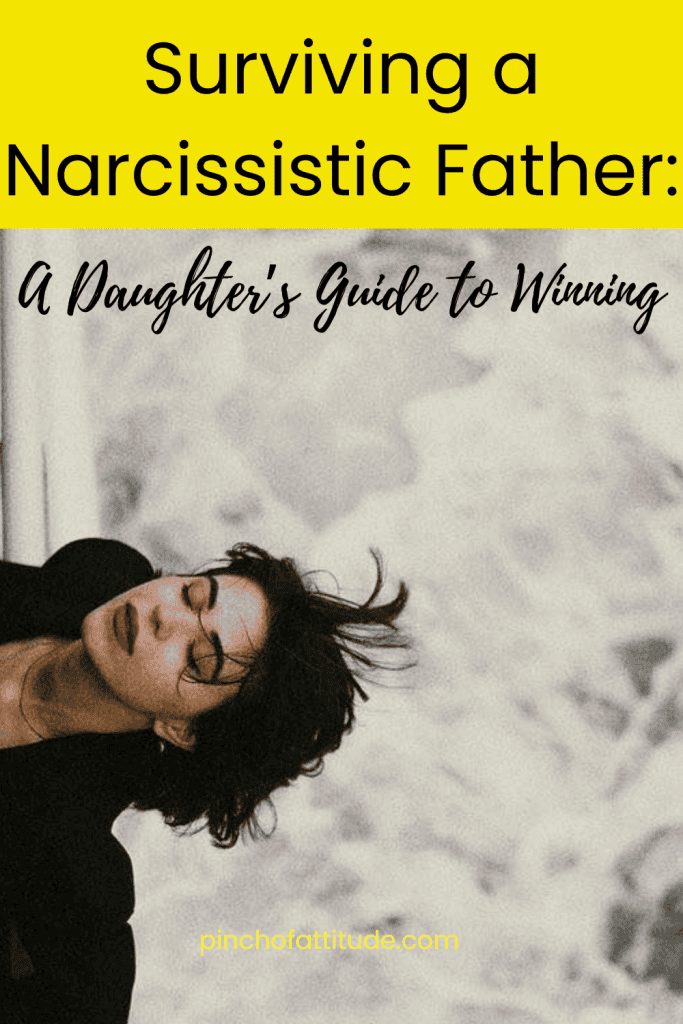 Pinterest - Pin with title "Surviving a Narcissistic Father: A Daughter's Guide to Winning" showing a woman with short dark hair and red lipstick standing outside with her eyes closed and head tilted back.