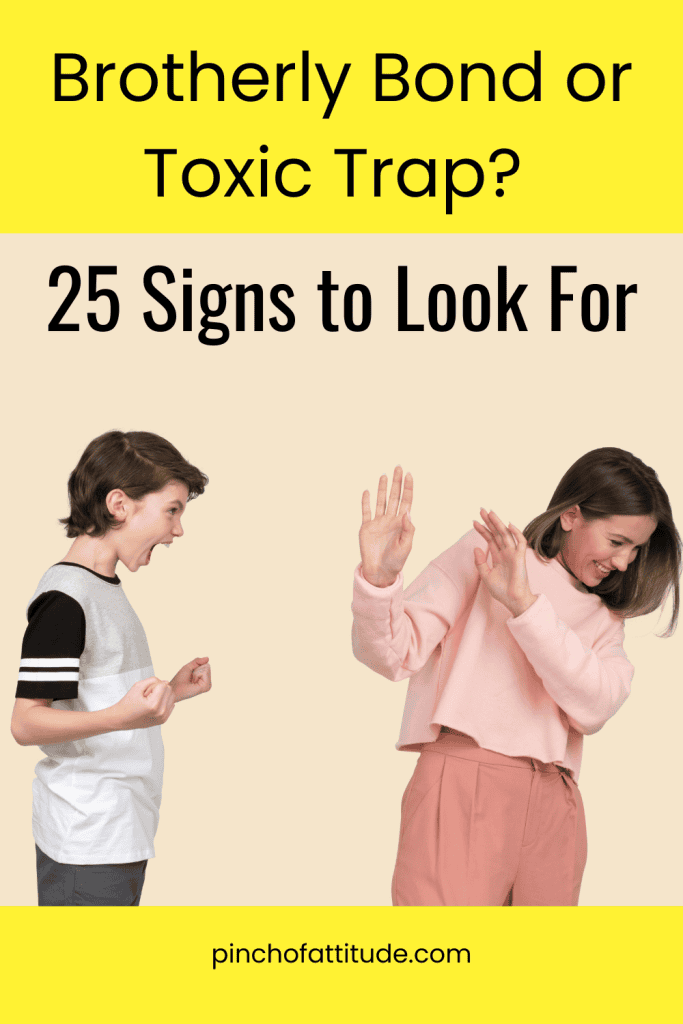 Pinterest - Pin with title "Brotherly Bond or Toxic Trap? 25 Signs to Look For" showing a young boy yelling at a young girl who is backing away with her hands raised.