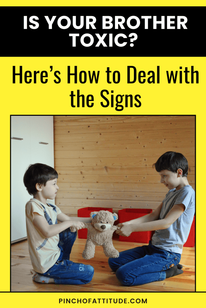 Pinterest - Pin with title "Is Your Brother Toxic? Here's How to Deal with the Signs" showing two young boys sitting on the floor, tugging at a teddy bear between them.