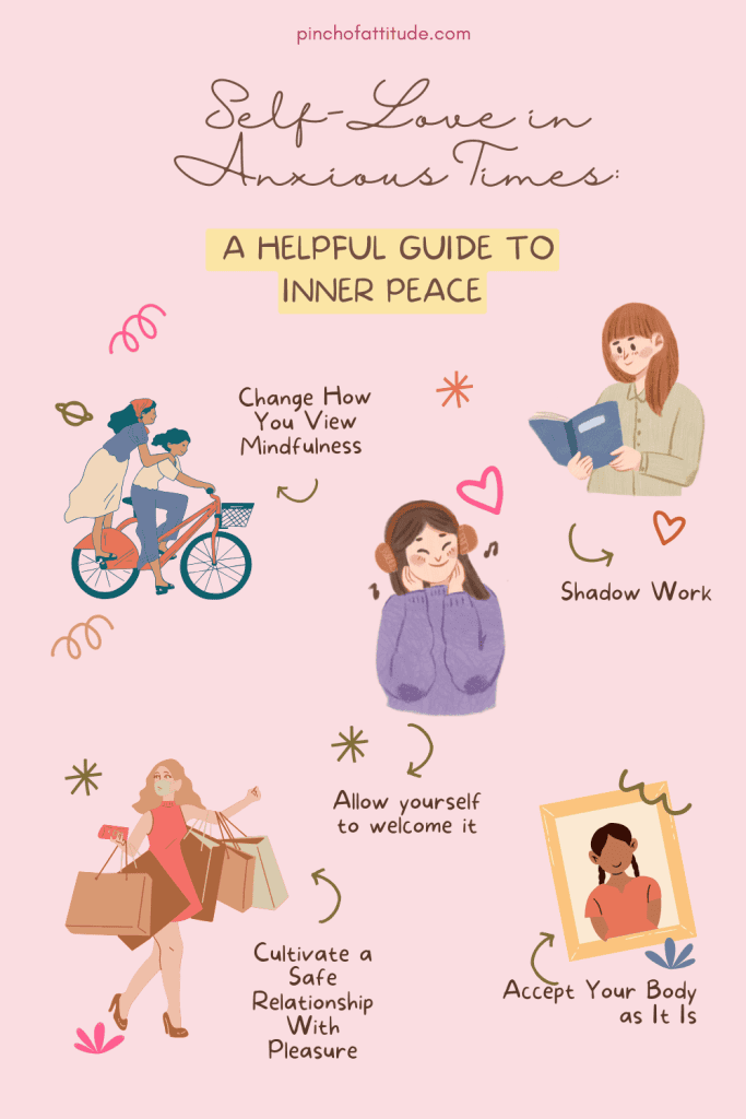 Pinterest - Pin with title "Self-Love in Anxious Times: A Helpful Guide to Inner Peace" showing illustrated characters engaging in various self-care activities on a pink background.