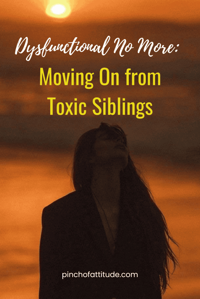 Pinterest - Pin with title "Dysfunctional No More: Moving On from Toxic Siblings" showing a silhouette of a person with long hair against a sunset background.