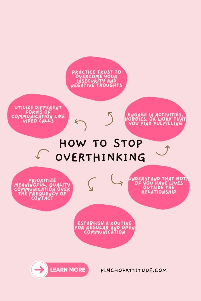 Pinterest - Pin with title "How to Stop Overthinking" showing a diagram with pink speech bubbles containing tips for managing overthinking, on a light pink background.