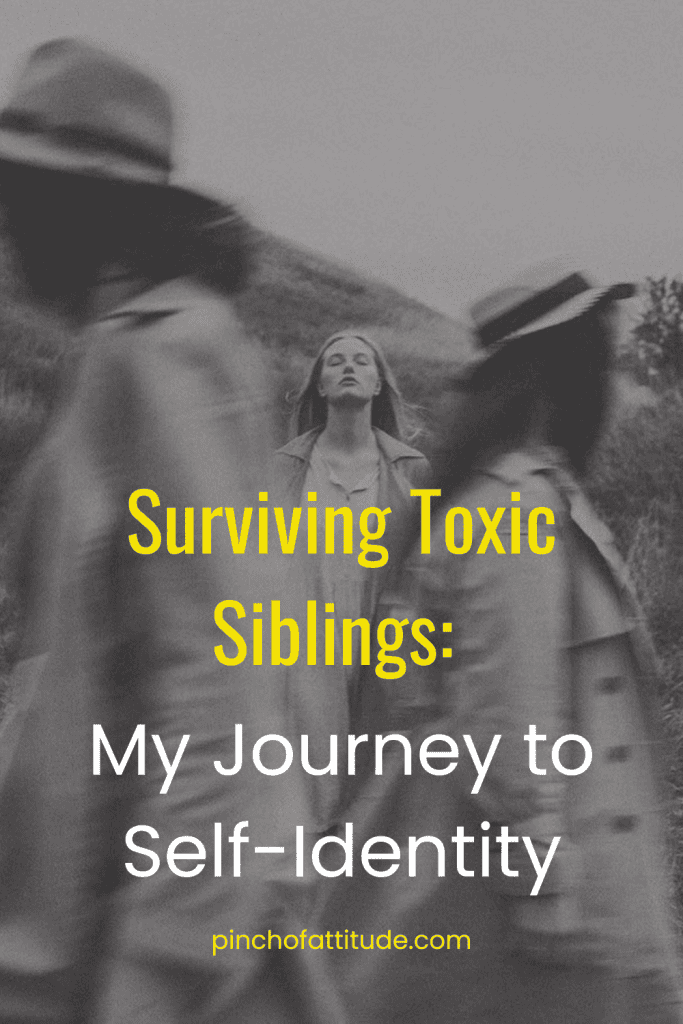 Pinterest - Pin with title "Surviving Toxic Siblings: My Journey to Self-Identity" showing a black-and-white image of a woman with closed eyes walking while blurred figures pass by her.