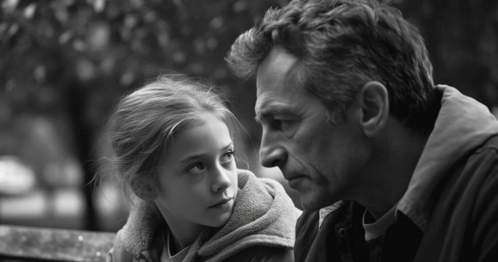 a black and white picture of a elder father looking very serious talking to his daughter who is quite scared of him symbolizing narcissist father and daughter relationships.