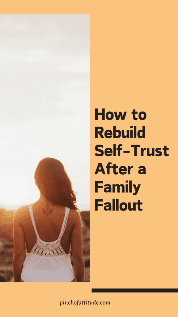 Pinterest - Pin with title "How to Rebuild Self-Trust After a Family Fallout" showing a woman with long hair standing outdoors at sunset, facing away, wearing a backless top with a tattoo on her upper back.