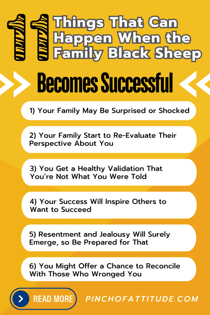 Pinterest - Pin with title "11 Things That Can Happen When the Family Black Sheep Becomes Successful" showing a list of six outcomes on a yellow and orange background.