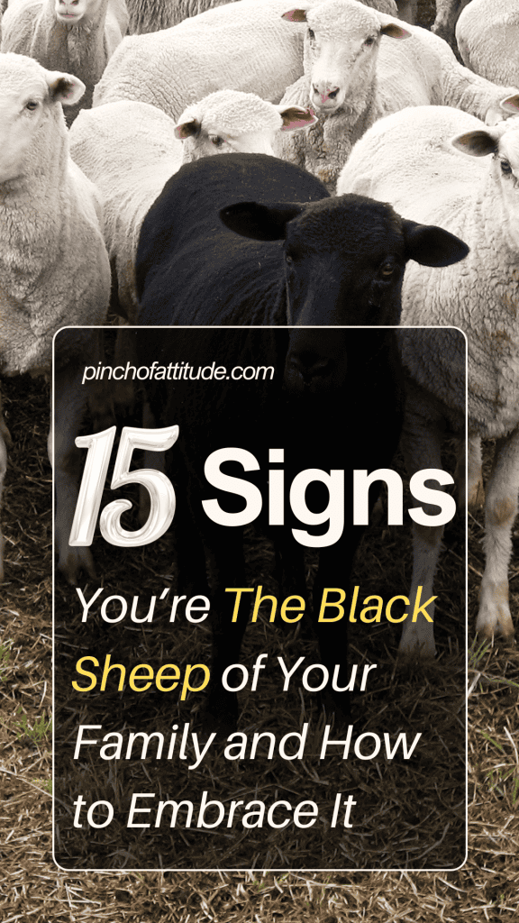 Pinterest - Pin with title "15 Signs You're the Black Sheep of Your Family and How to Embrace It" showing a flock of white sheep with one black sheep in the middle.