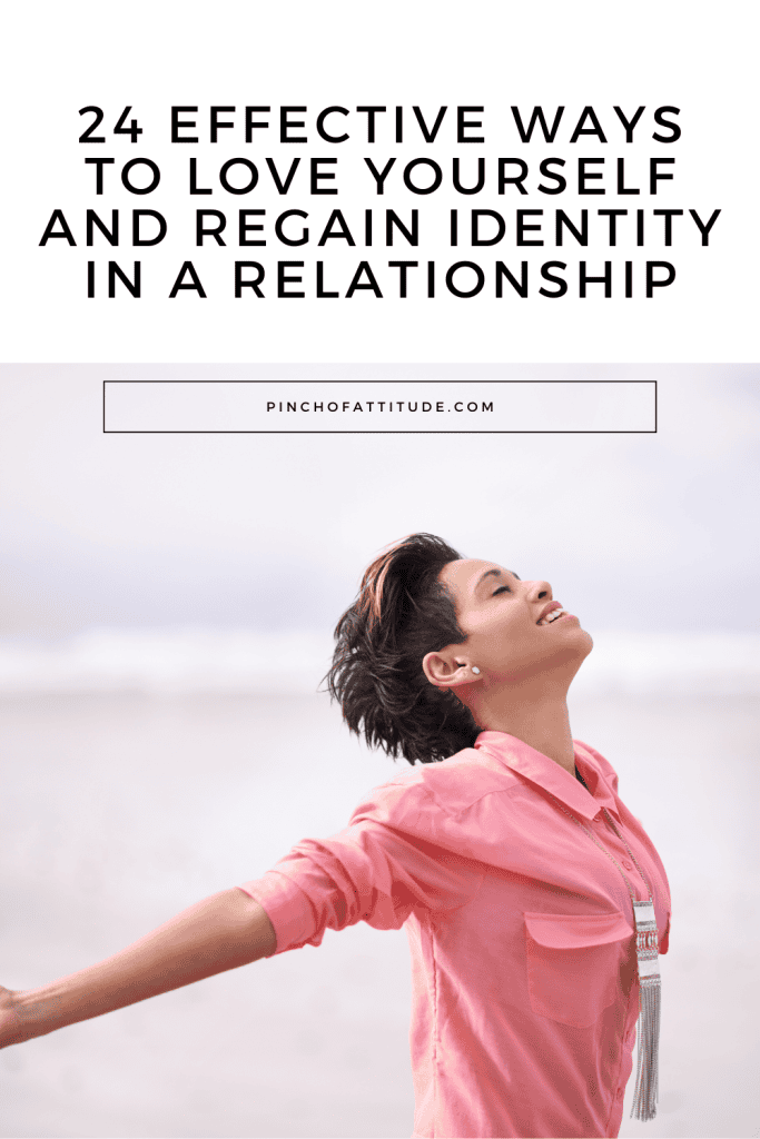 Pinterest - Pin with title "24 Effective Ways to Love Yourself and Regain Identity in a Relationship" showing a pixie-haired woman in a pink top extending her arms with her eyes closed and head thrown back while feeling the wind.