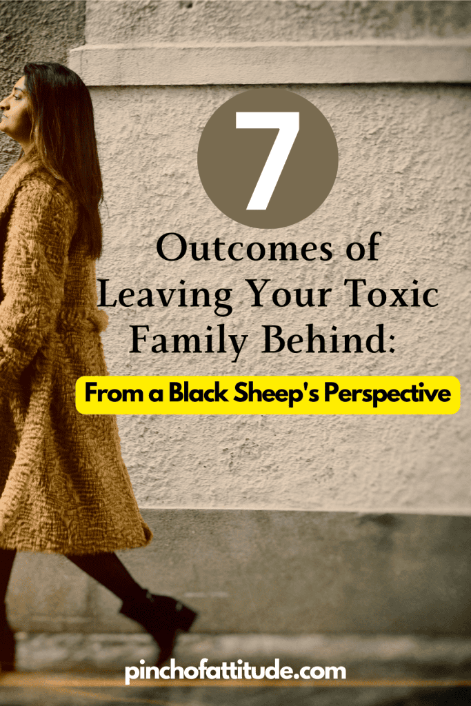 Pinterest - Pin with title "7 Outcomes of Leaving Your Toxic Family Behind: From a Black Sheep’s Perspective" showing a woman in a fur coat walking confidently against a textured wall.