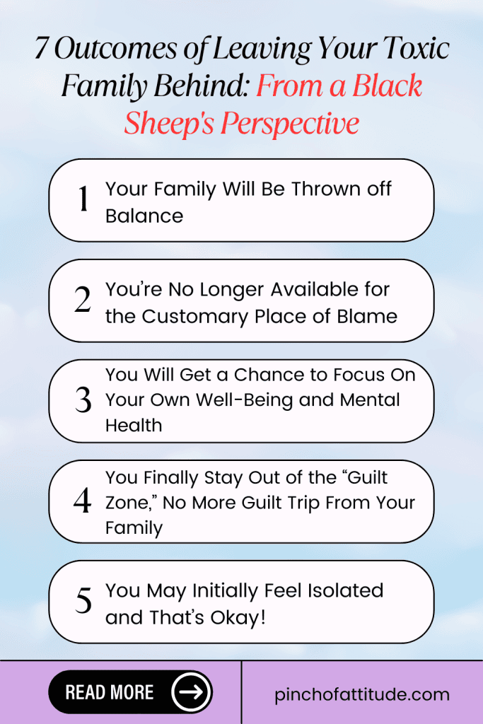 Pinterest - Pin with title "7 Outcomes of Leaving Your Toxic Family Behind: From a Black Sheep's Perspective" showing a list of five outcomes on a pastel blue and white background.