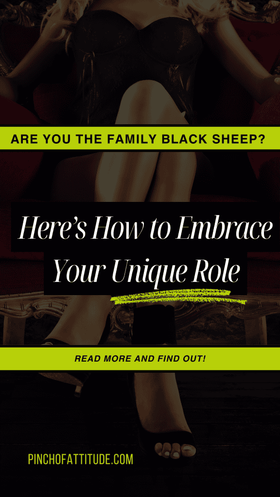 Pinterest - Pin with title "Are You the Family Black Sheep? Here’s How to Embrace Your Unique Role" showing a woman sitting elegantly with legs crossed, against a backdrop of rich, dark furniture.