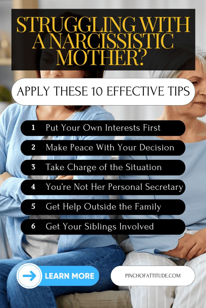 Pinterest - Pin with title "Struggling With a Narcissistic Mother? Apply These 10 Effective Tips" showing an elderly woman with a younger one sitting next to each other on a a couch while frowning.