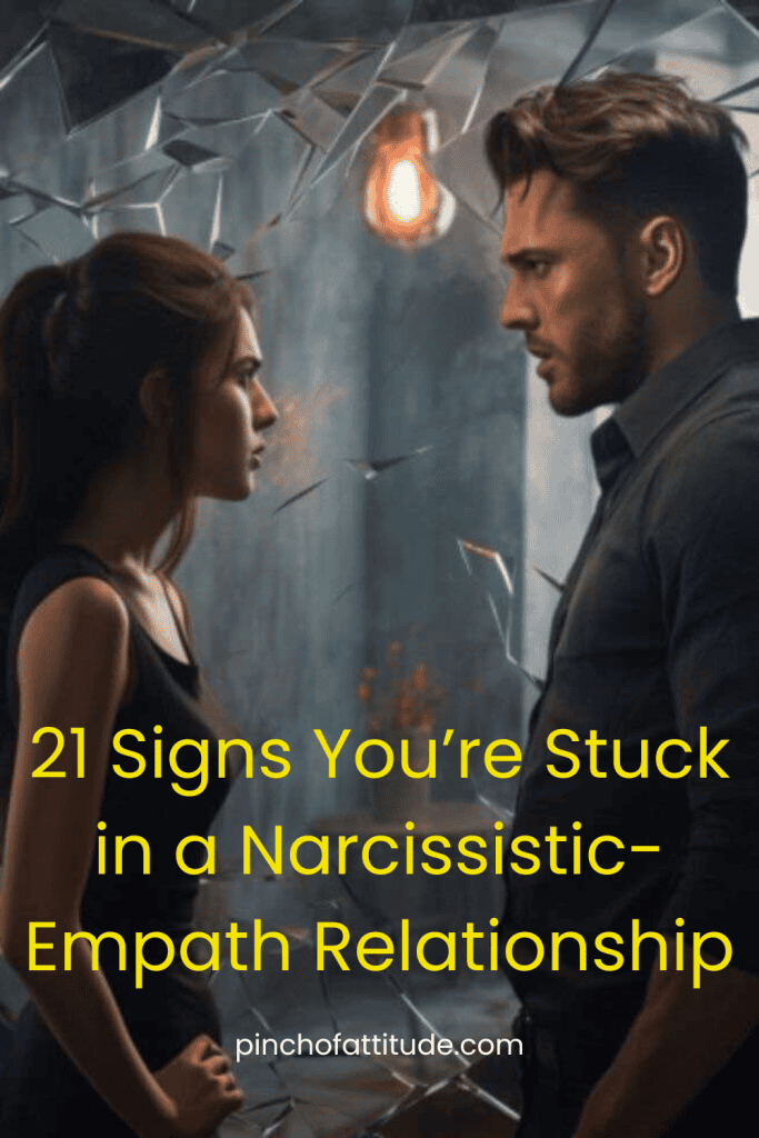 Pinterest - Pin with title "21 Signs You’re Stuck in a Narcissistic-Empath Relationship" showing a man and woman standing face-to-face in a dimly lit room with shattered glass hanging around them.