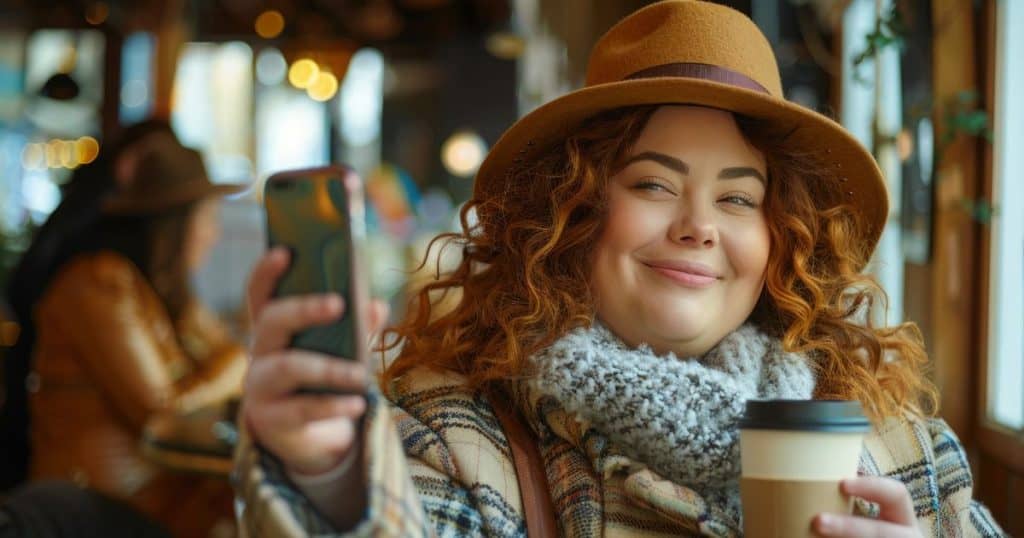 a woman wearing a hat is taking a selfie while holding a coffee cup.