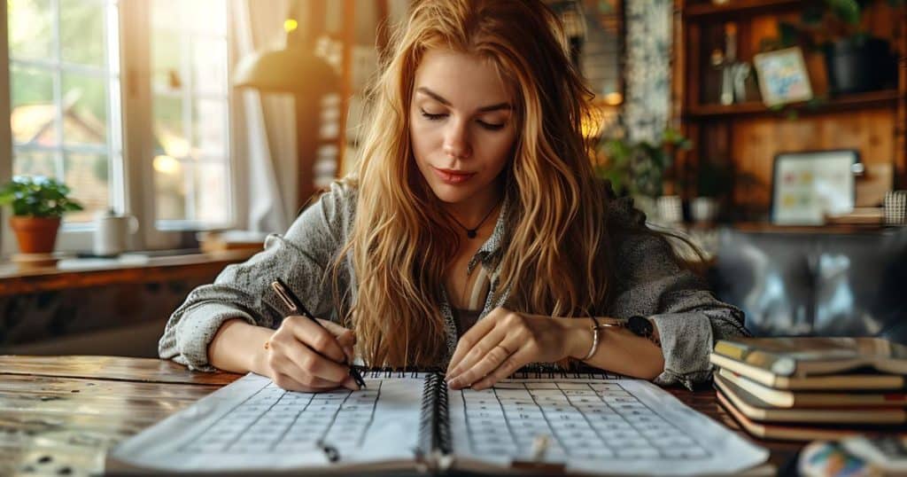 woman journaling in her kitchen