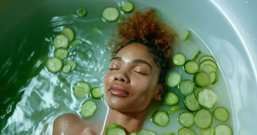 woman lying in a tub full of cucumbersslices with her eyes close.