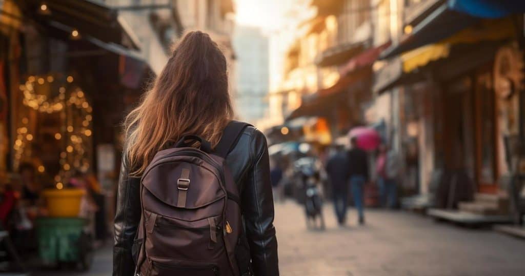 woman walking away into the crowd carrying a backpack.