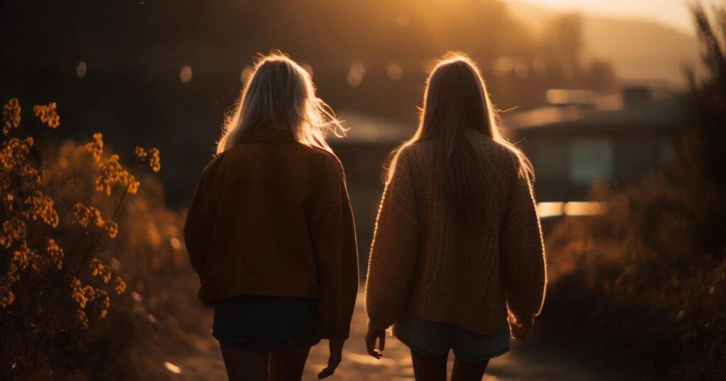 friends embraces in autumn sunset walking away.
