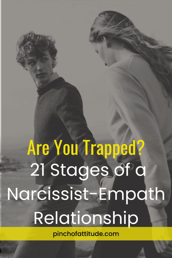 Pinterest - Pin with title "Are You Trapped? 21 Stages of a Narcissist-Empath Relationship" showing a man looking back while holding hands with a woman, both walking outdoors in a black-and-white image.