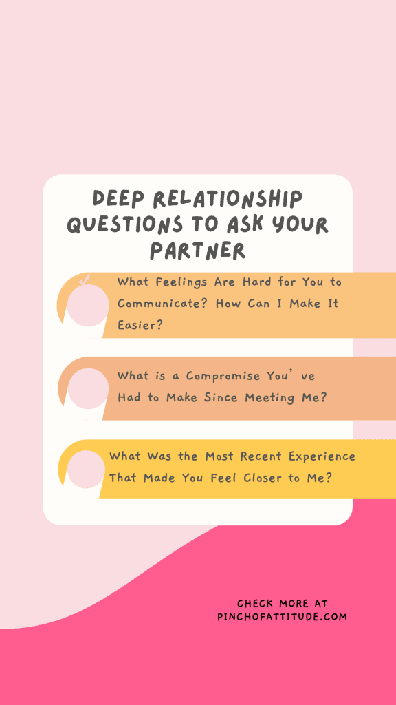 Pinterest - Pin with title "Deep Relationship Questions to Ask Your Partner" showing a pink and white abstract background with curved lines and pastel-colored question boxes.