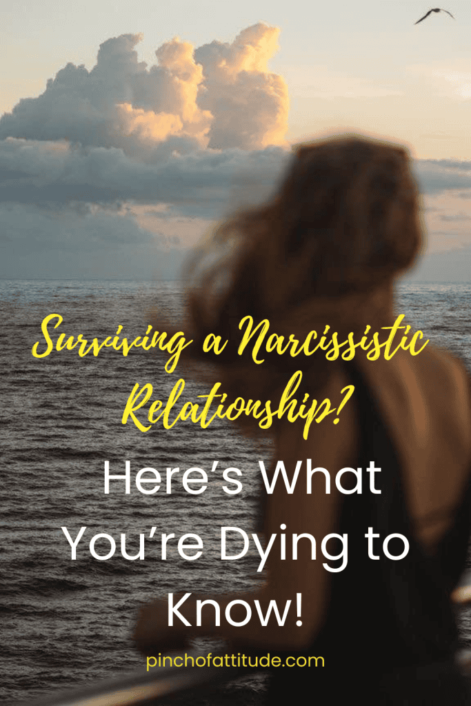 Pinterest - Pin with title "Surviving a Narcissistic Relationship? Here’s What You’re Dying to Know!" showing a woman looking out over the ocean with dramatic clouds in the background.