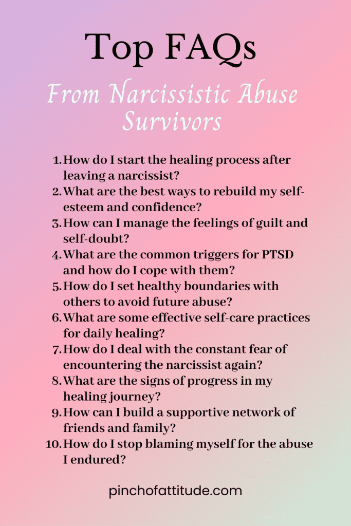 Pinterest - Pin with title "Top FAQs From Narcissistic Abuse Survivors" showing a list of ten frequently asked questions in black text on a pastel gradient background.