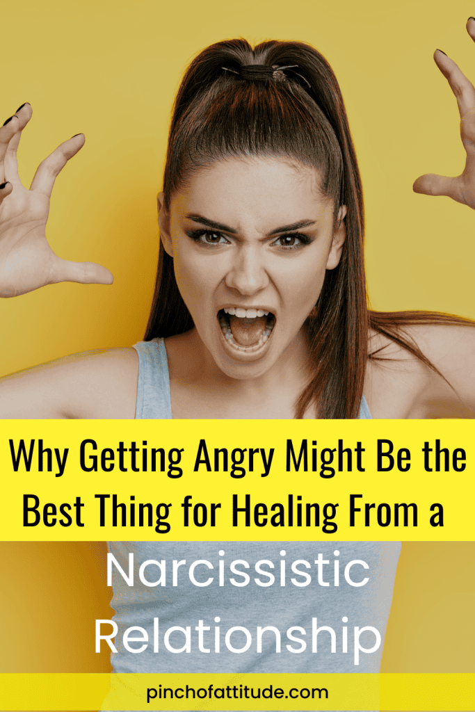 Pinterest - Pin with title "Why Getting Angry Might Be the Best Thing for Healing From a Narcissistic Relationship" showing a woman yelling with her hands raised in a claw-like gesture.