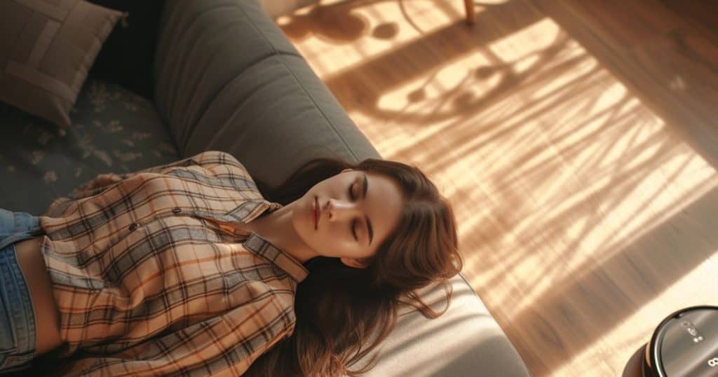 a woman laying on the couche in her living room with her eyes close as she's dealing with memories and flashbacks of her narcissistic family dynamics.