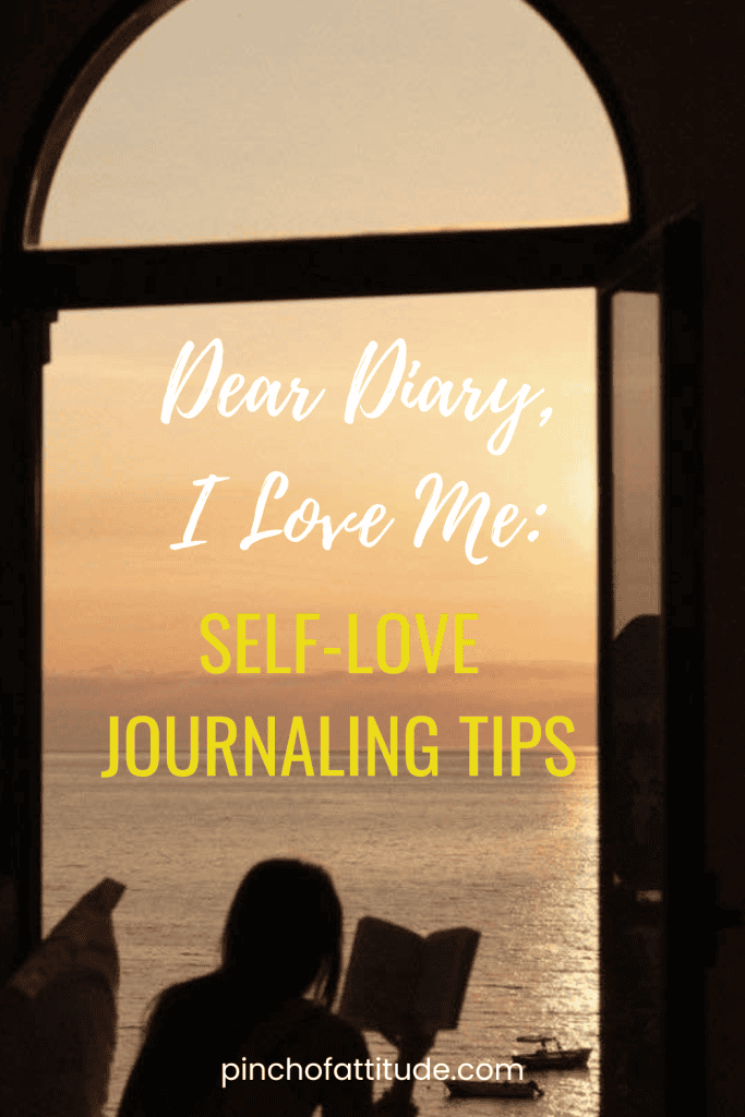 Pinterest - Pin with title "Dear Diary, I Love Me: Self-Love Journaling Tips" showing a silhouette of a woman reading a book on a windowsill with a view of the sea.