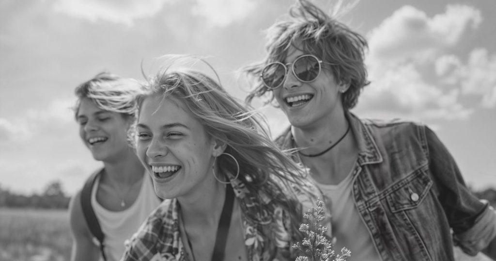 a happy woman running in the flower field with her friends.