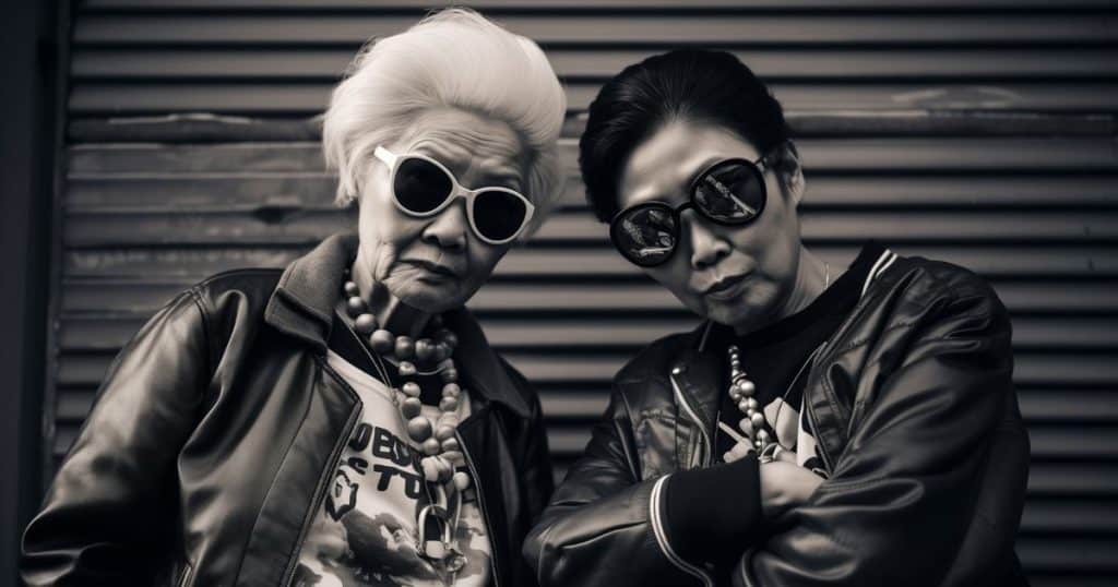 two cool older women wearing leather jackets and sunglasses.