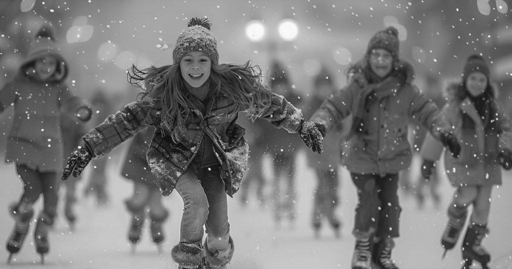 a little girl skating with her friends and she's very happy.